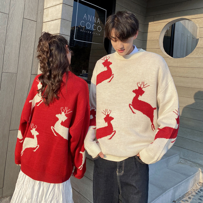 Christmas sweater with reindeer motif for couples