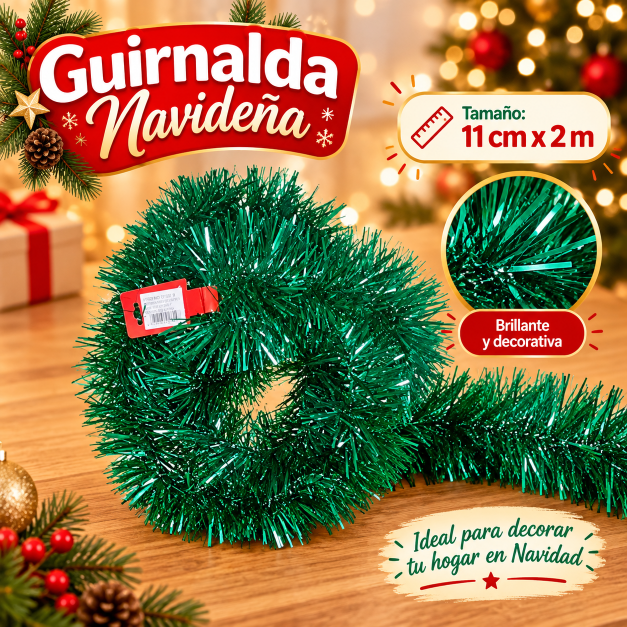 Guirnalda navideña de tinsel verde 11 cm x 2 m