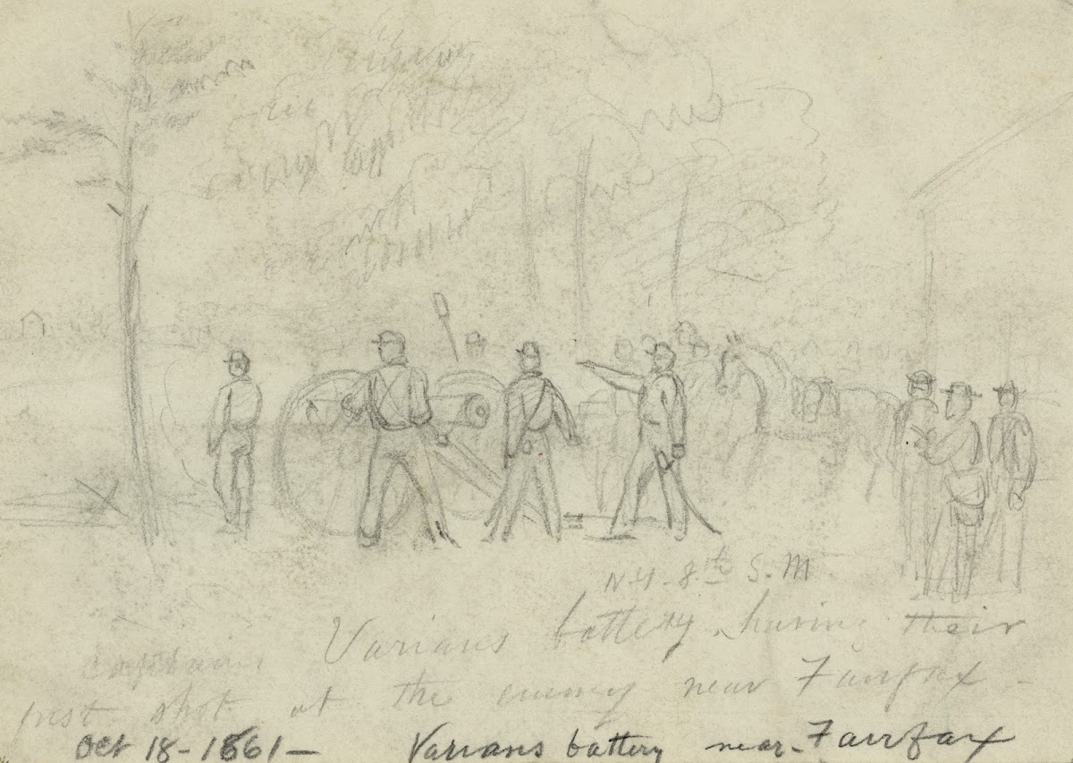 Captain Varians battery NY 8th SM having their first shot at the enemy near Fair