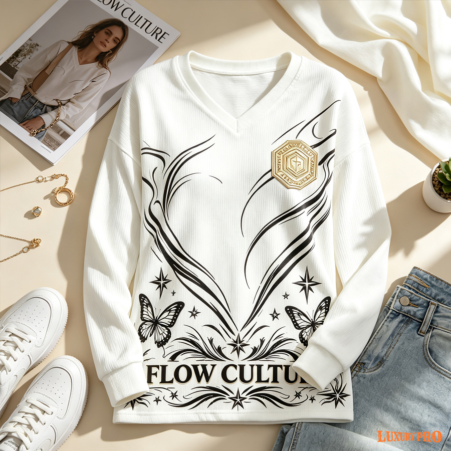 AOP V Neck Knit Like Sweater