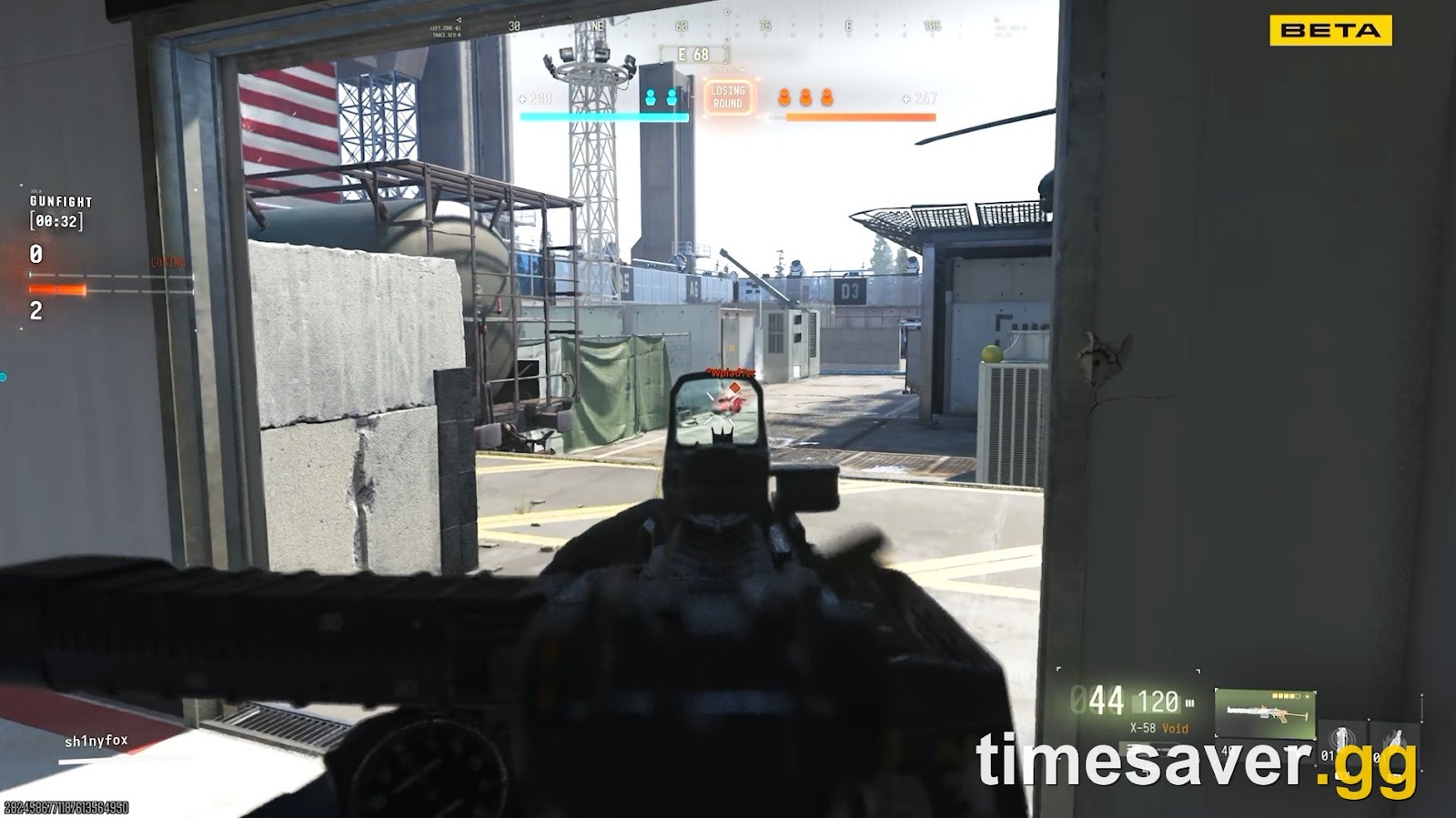 First-person Modern Warfare 4 beta Gunfight gameplay showing the BETA watermark and match HUD