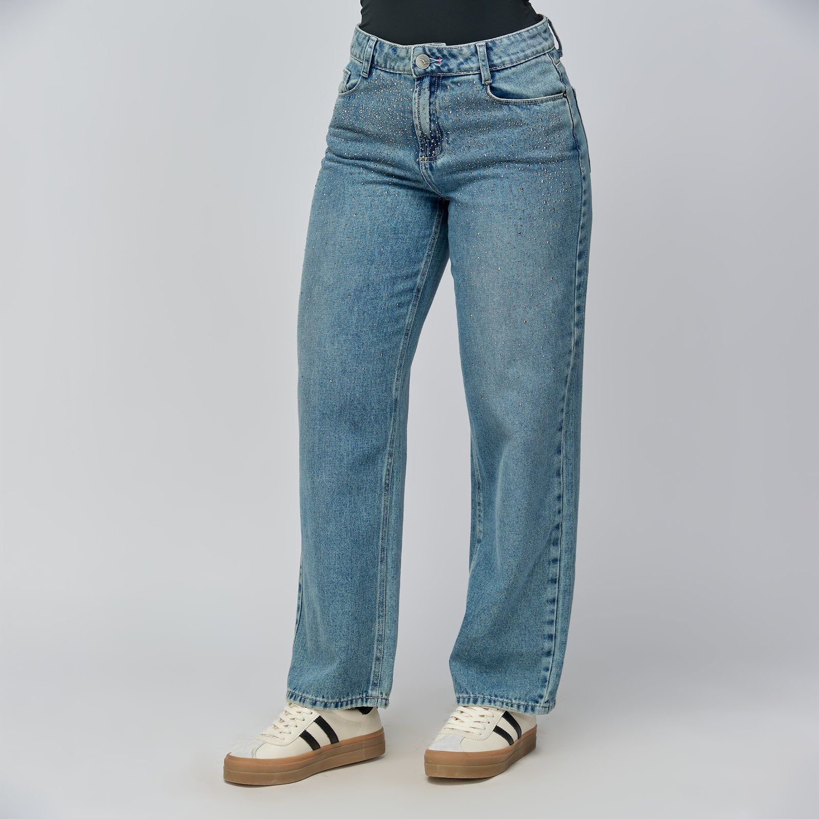 Jean straight tiro alto en denim rígido 100% algodón, color azúl medio - Vista 6