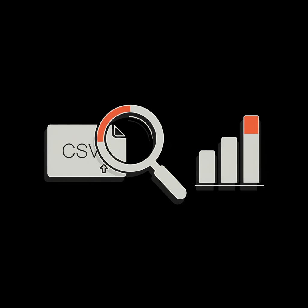 Minimal vector infographic of a CSV file, magnifying glass, and small bar chart on a black background illustrating how to find your most popular Twitter post