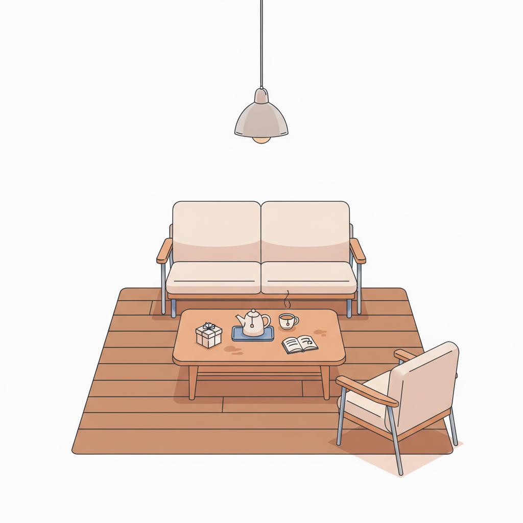 Minimalistische 2D-Vektoraufnahme eines Wohnzimmers mit Couchtisch, Tee und kleinem Paket als Symbol für tröstende Geschenke, warme Holztöne und dezente Metallakzente