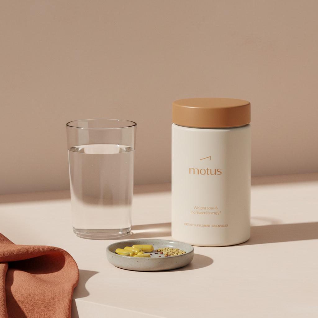 Tonum supplement container on a clean kitchen counter with a glass of water and a small dish of berberine capsules and fenugreek seeds, supplements to lower blood sugar