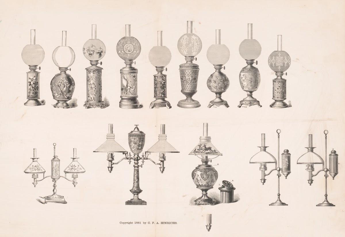 Various designs of student kerosene and oil lamps 1881