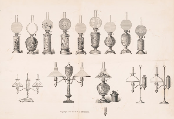 Various designs of student kerosene and oil lamps 1881