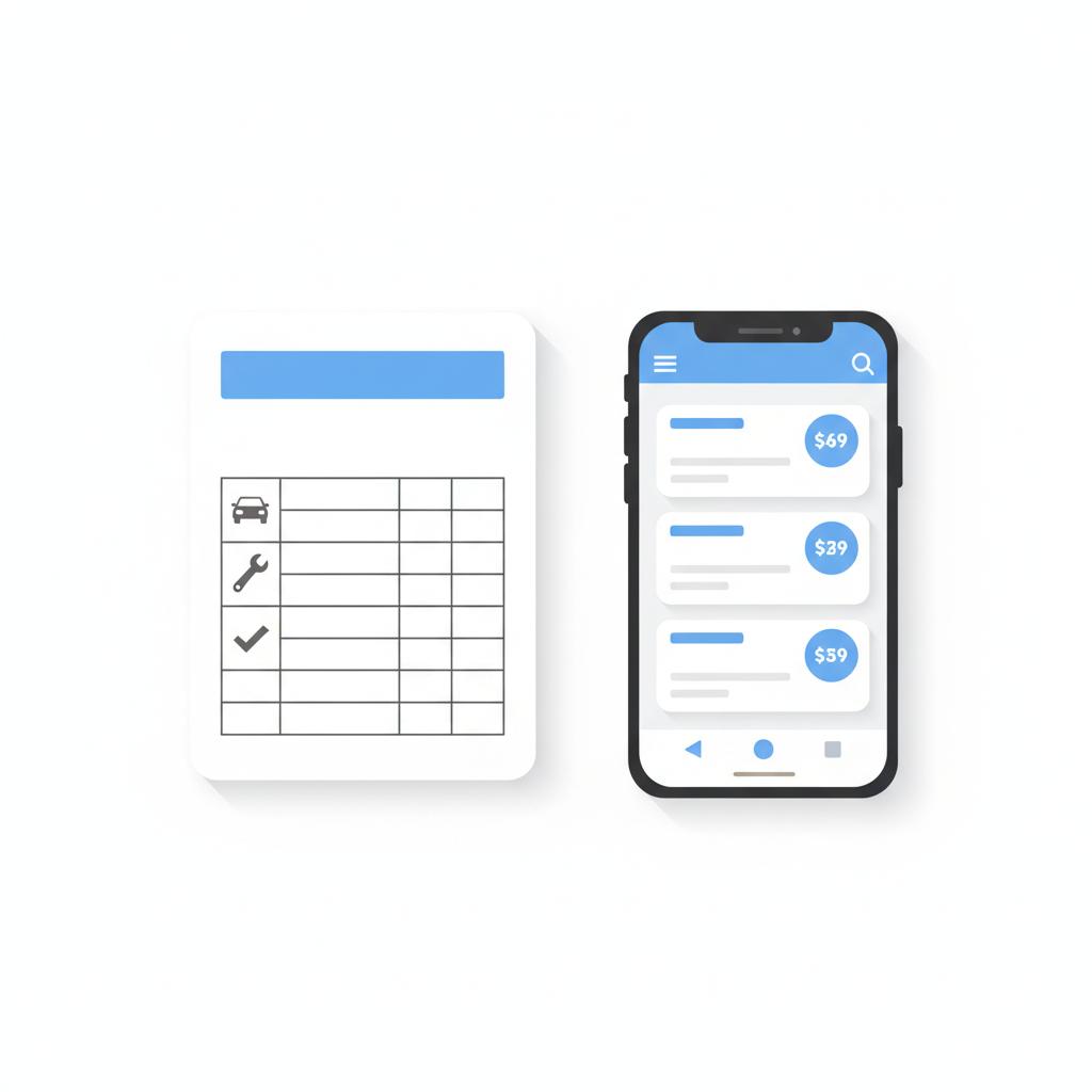 Minimalist vector flat lay of a vehicle history report and a smartphone showing local pricing listings side by side in CarFax Deals colors kia souls for sale