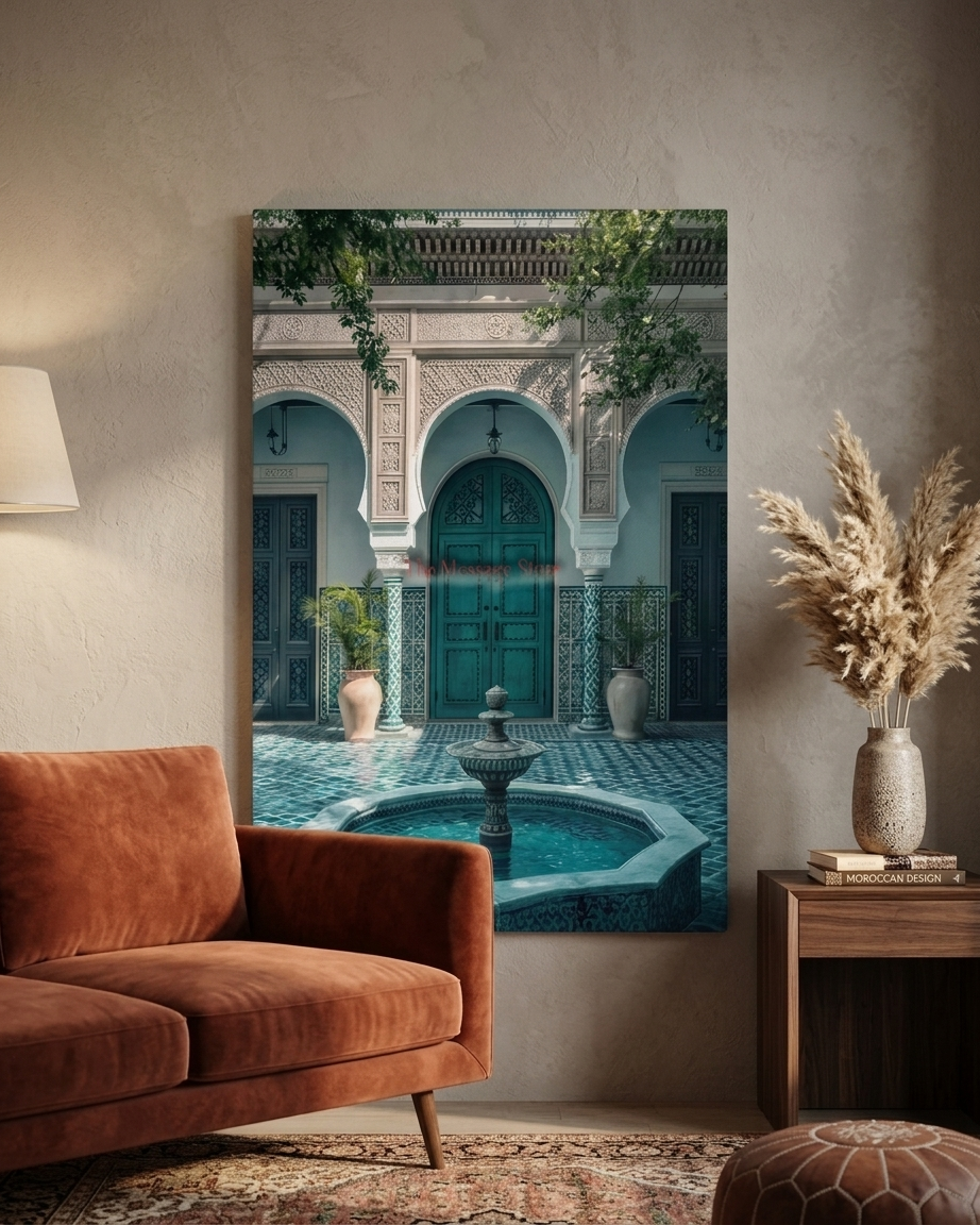 Moroccan Riad Courtyard & Fountain Canvas Wall Art – Teal Door Architecture Print - Image 3