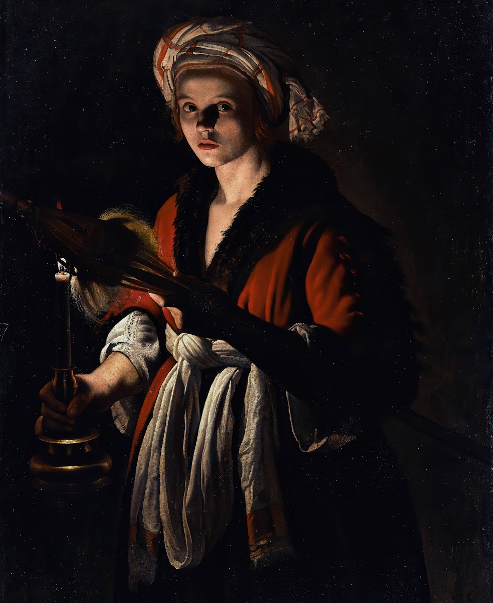 A Young Woman Holding A Distaff Before A Lit Candle