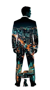 Graphic Silhouette of a Bearded Man in a Suit with a Neon City Inside