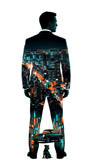 Graphic Silhouette of a Bearded Man in a Suit with a Neon City Inside - Free mobile Wallpaper