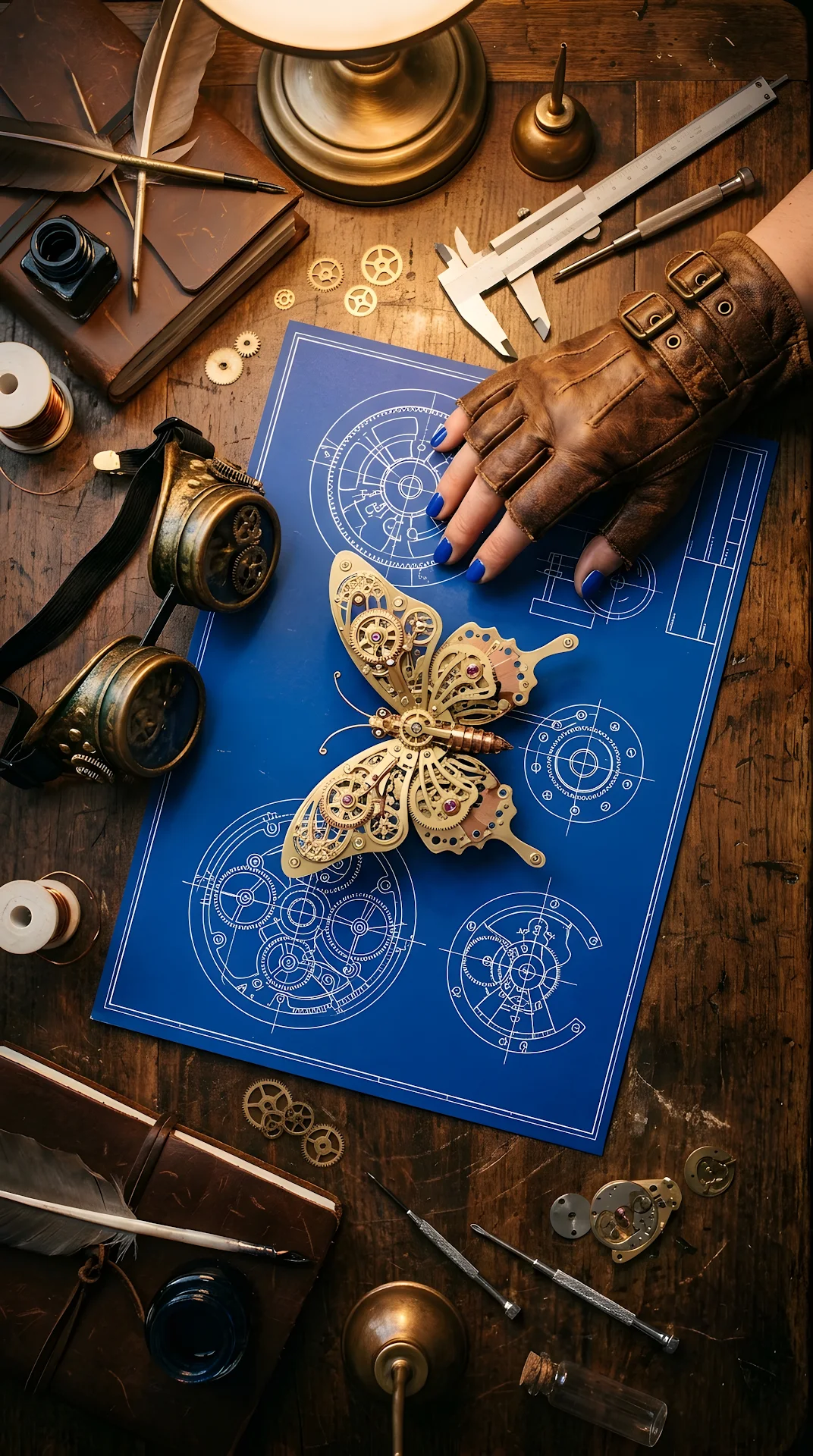 Steampunk Butterfly Blueprint and Components - Free 4K mobile Wallpaper