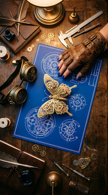 Steampunk Butterfly Blueprint and Components - Free mobile Wallpaper