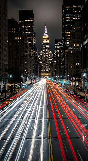 Midtown Manhattan Traffic Light Trails to Empire State Building - Free mobile Wallpaper