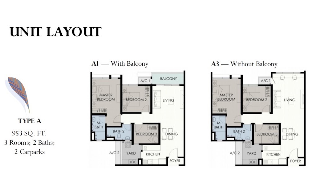 Forest Hill Type A floor plan — 953 sq ft, 3 bedrooms