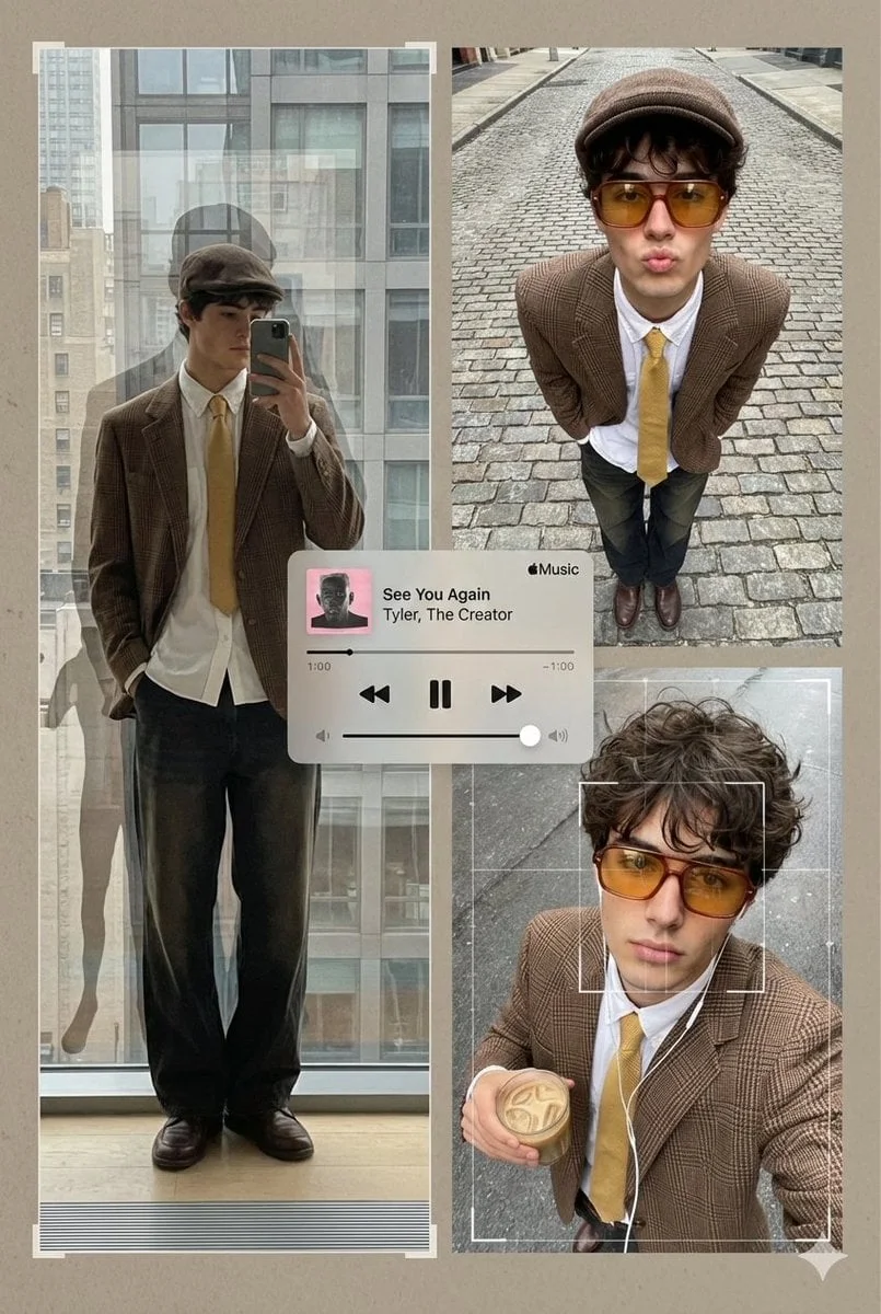 Un collage de varios paneles al estilo de un póster editorial presenta al Sujeto [persona en la imagen] a través de tres paneles asimétricos...