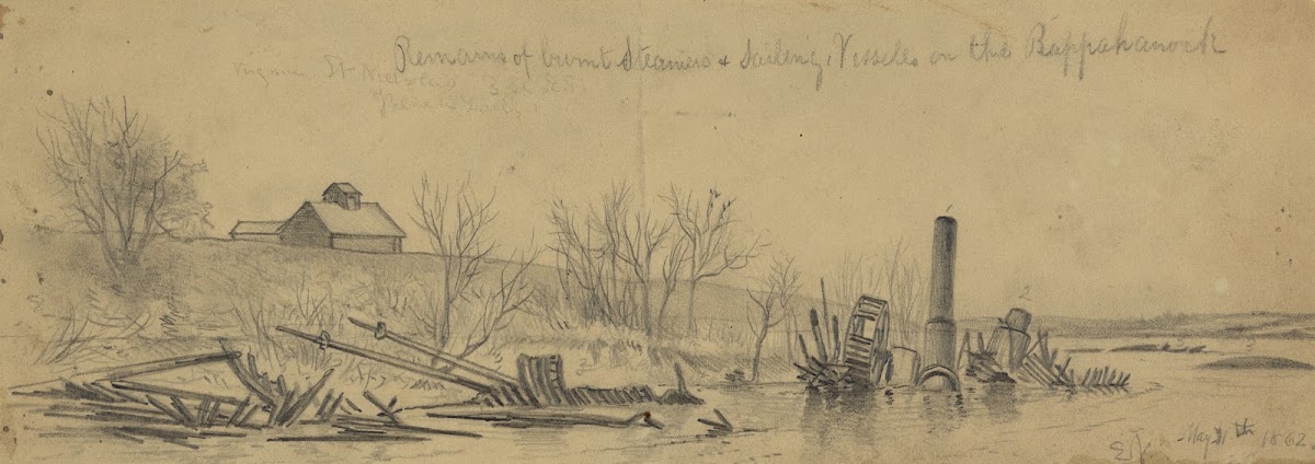 Remains of burnt steamers  sailing vessels on the Rappahanock 1862