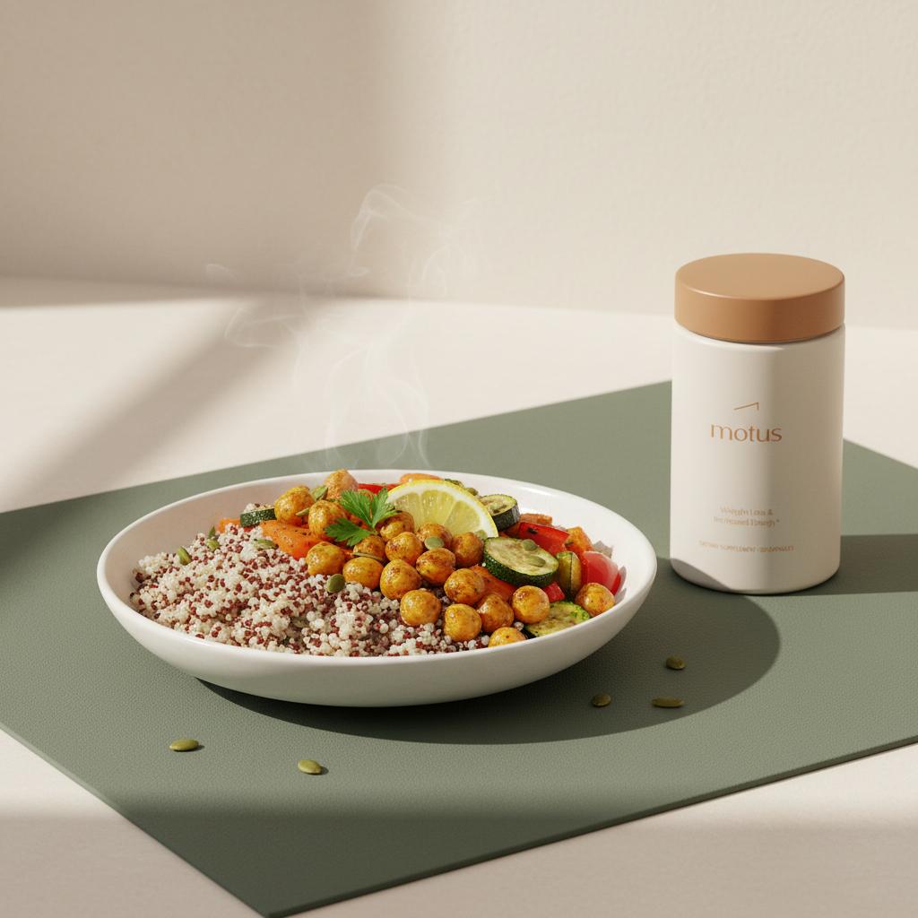 Minimalist kitchen scene of a fiber-rich grain bowl with quinoa, chickpeas and roasted vegetables, with a Motus supplement container placed unobtrusively nearby.