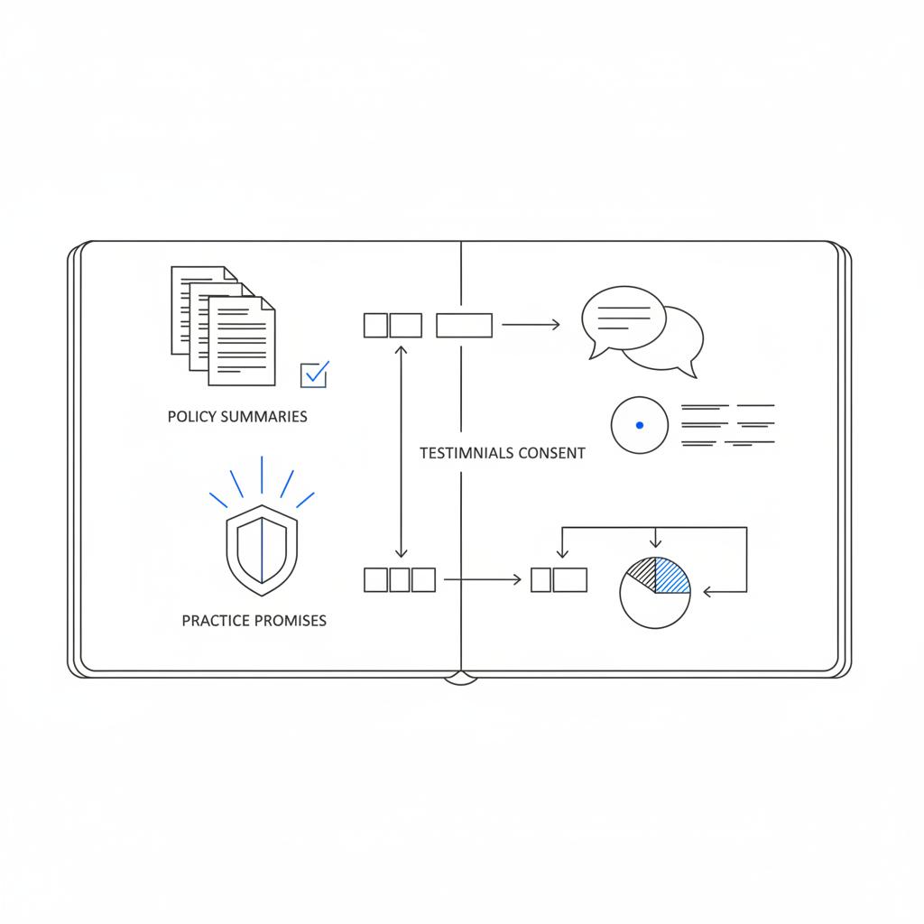 Minimalist overhead planner spread with icons for policy summaries, testimonials consent form, and practice promises &mdash; can doctors advertise in the USA?