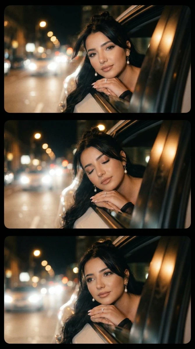 Tira de película horizontal de 3 fotogramas: Microexpresiones de una mujer adulta conduciendo de noche.