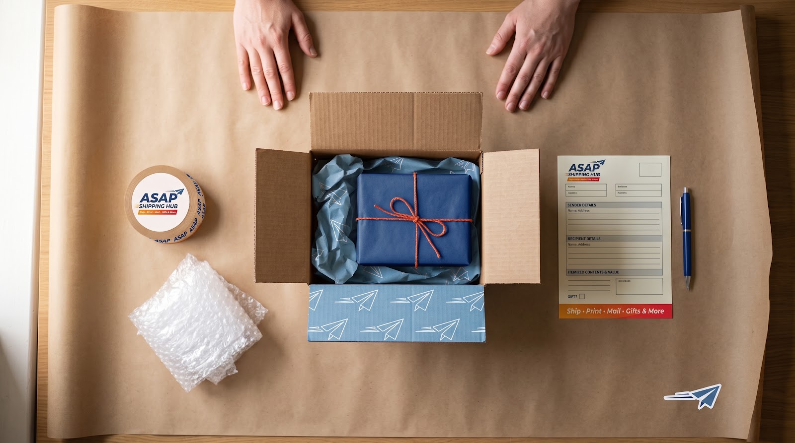Overhead view of a gift being packed into a box beside a customs form