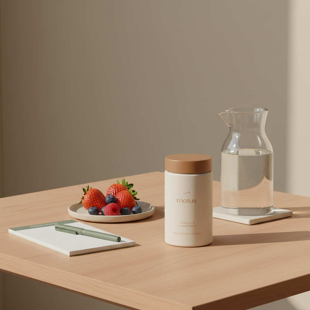 Minimalist morning vignette with Tonum Motus supplement jar on wooden table beside carafe, notepad and berries, suggesting research-backed metabolic support and chromium side effects