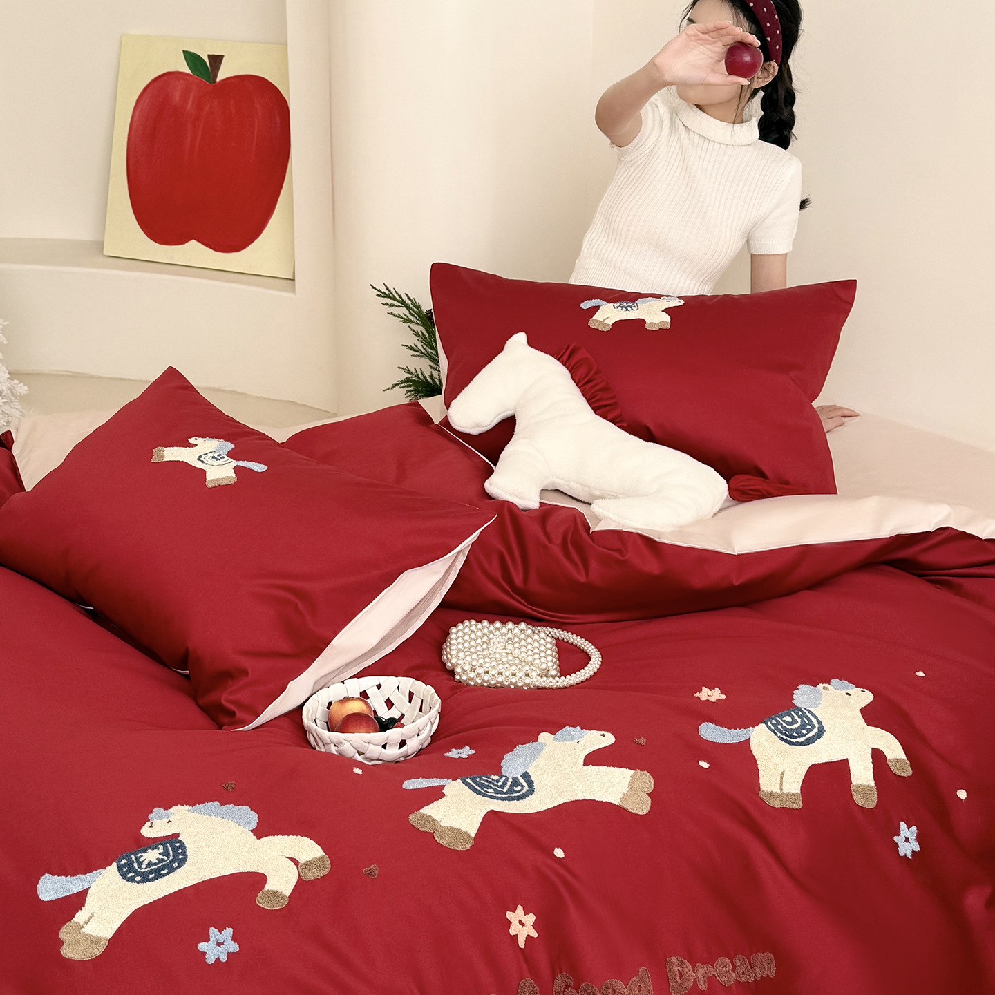 Bedding Set, Cotton, Cartoon Motif, Red
