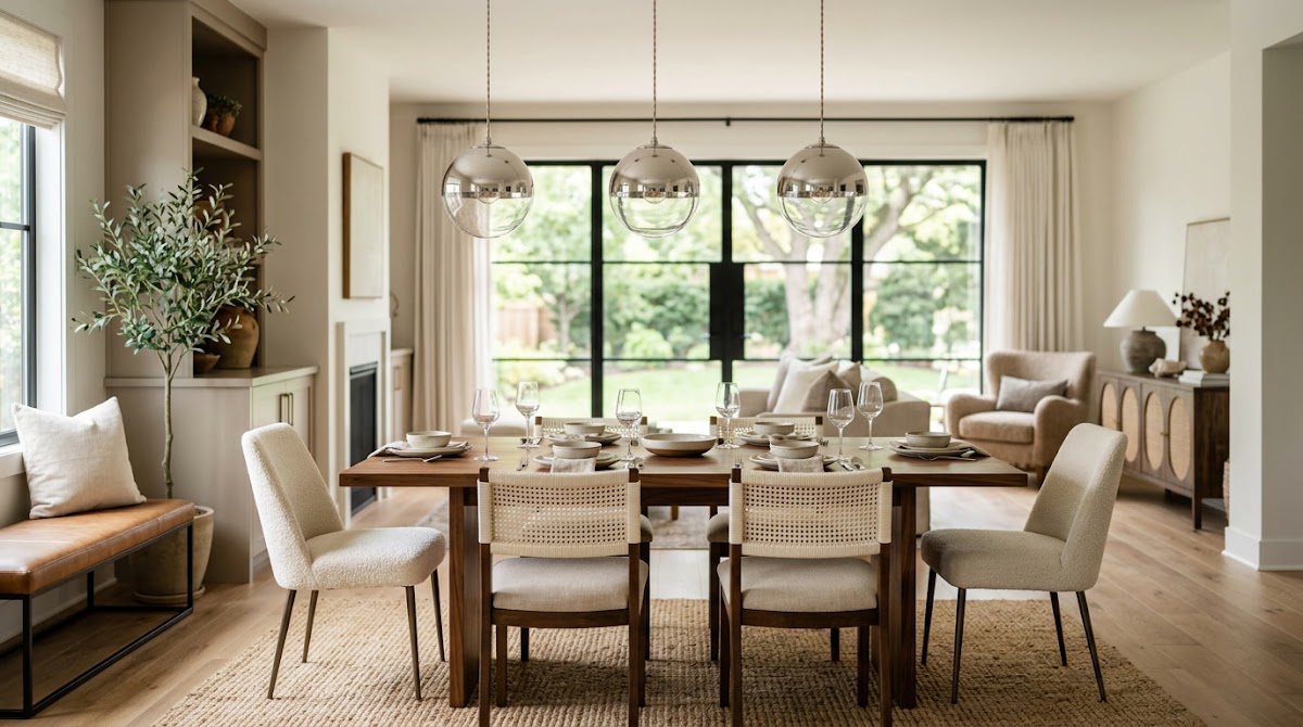 How to Pair Chrome Pendant Lights With a Warm Wood Dining Table - chrome accents used in living room bedroom and dining room