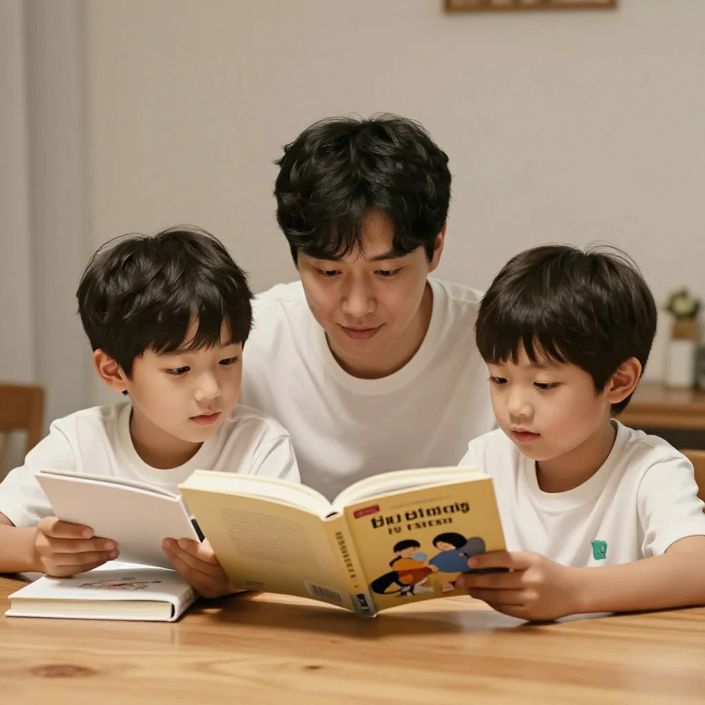부모와 두 아이가 함께 책을 보는 가족 학습 시간