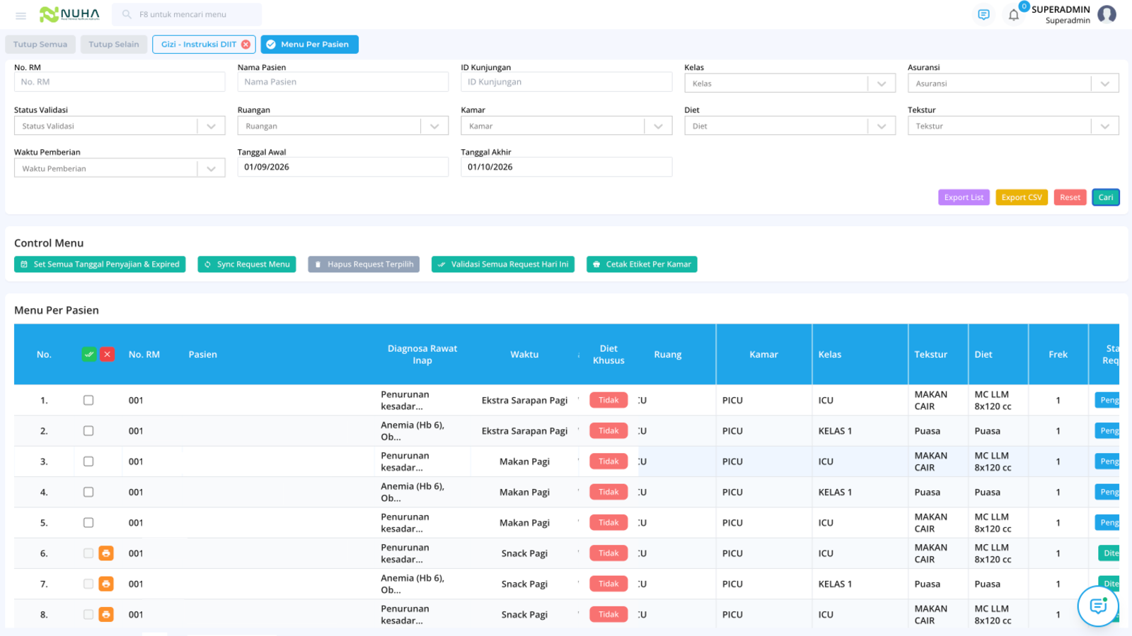 Tampilan fitur Menu Per Pasien pada Modul Gizi NUHA