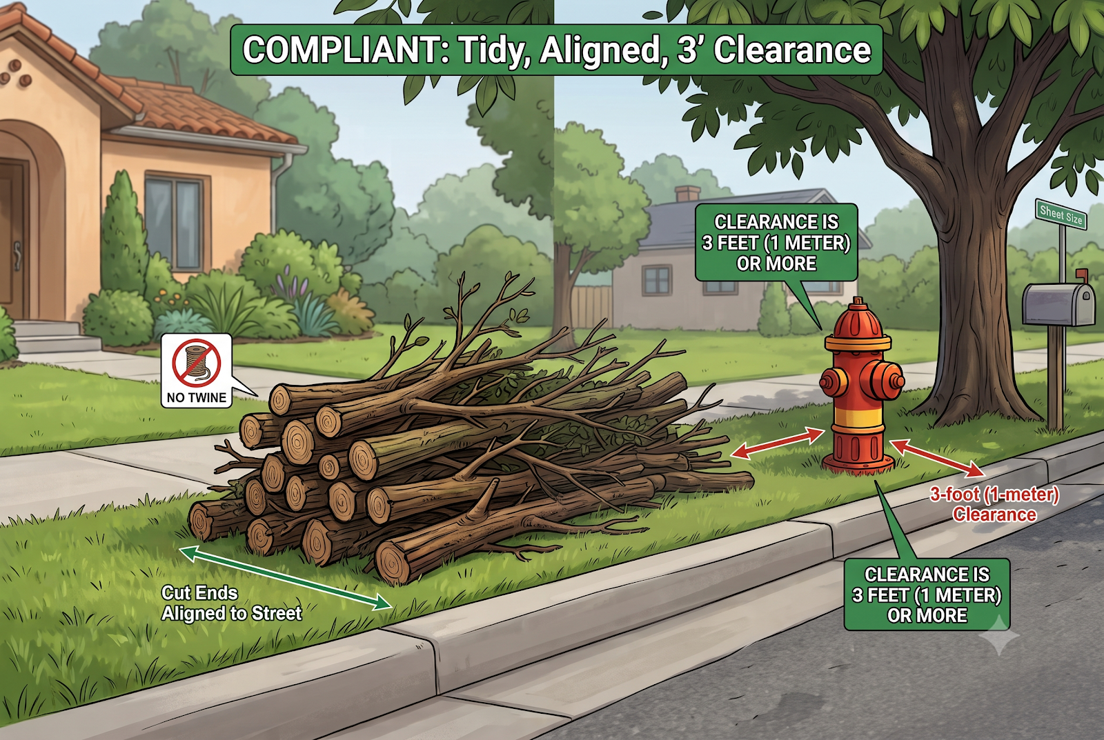 A compliant brush stack on the parkway: untied branches all in one direction, clear of the sidewalk, street, tree and hydrant.