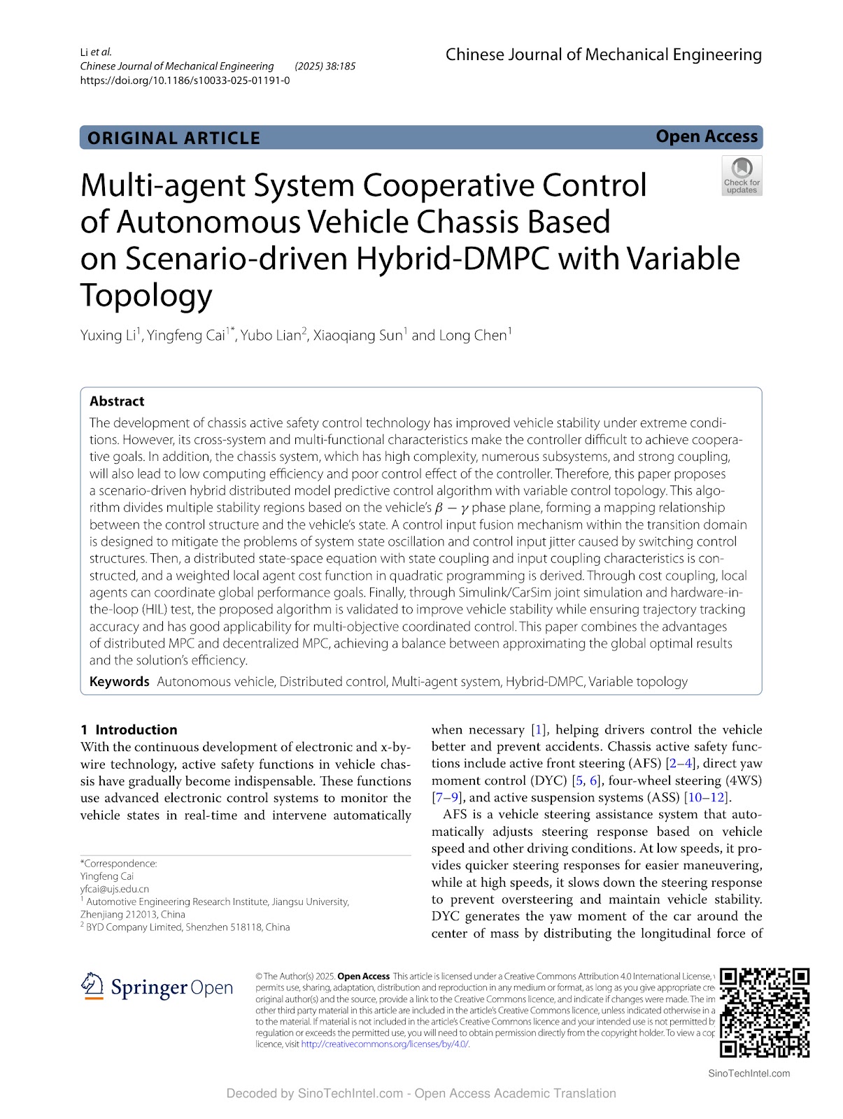 Multi-agent System Cooperative Control of Autonomous Vehicle Chassis Based on Scenario-driven Hybrid-DMPC with Variable Topology