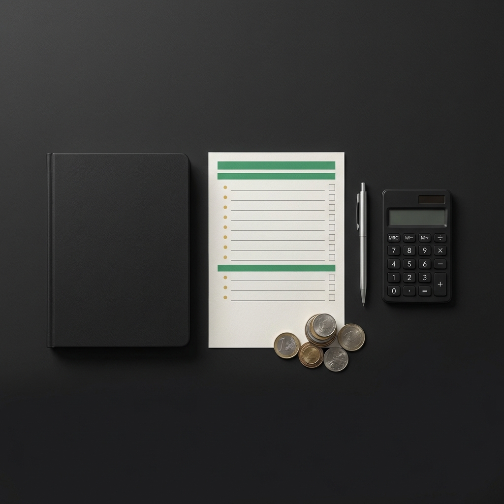 Flat lay of notebook calculator checklist and coins illustrating how to buy stocks for beginners on a dark background with green and gold accents
