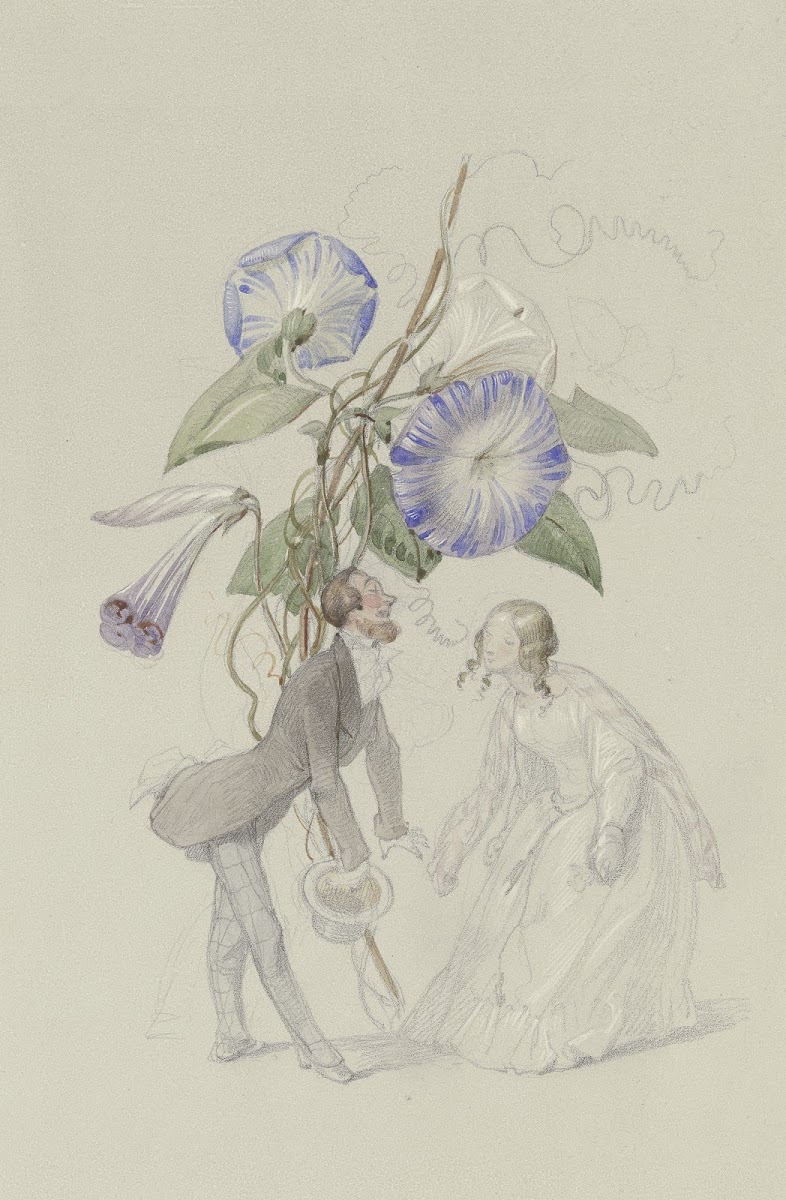 Ein Bouquet von blauen Winden darunter ein sich voreinander verbeugendes Paar