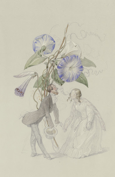 Ein Bouquet von blauen Winden darunter ein sich voreinander verbeugendes Paar