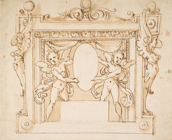 Drawing for a Memorial Tablet Two Winged Children Holding an Empty Oval in a Fra