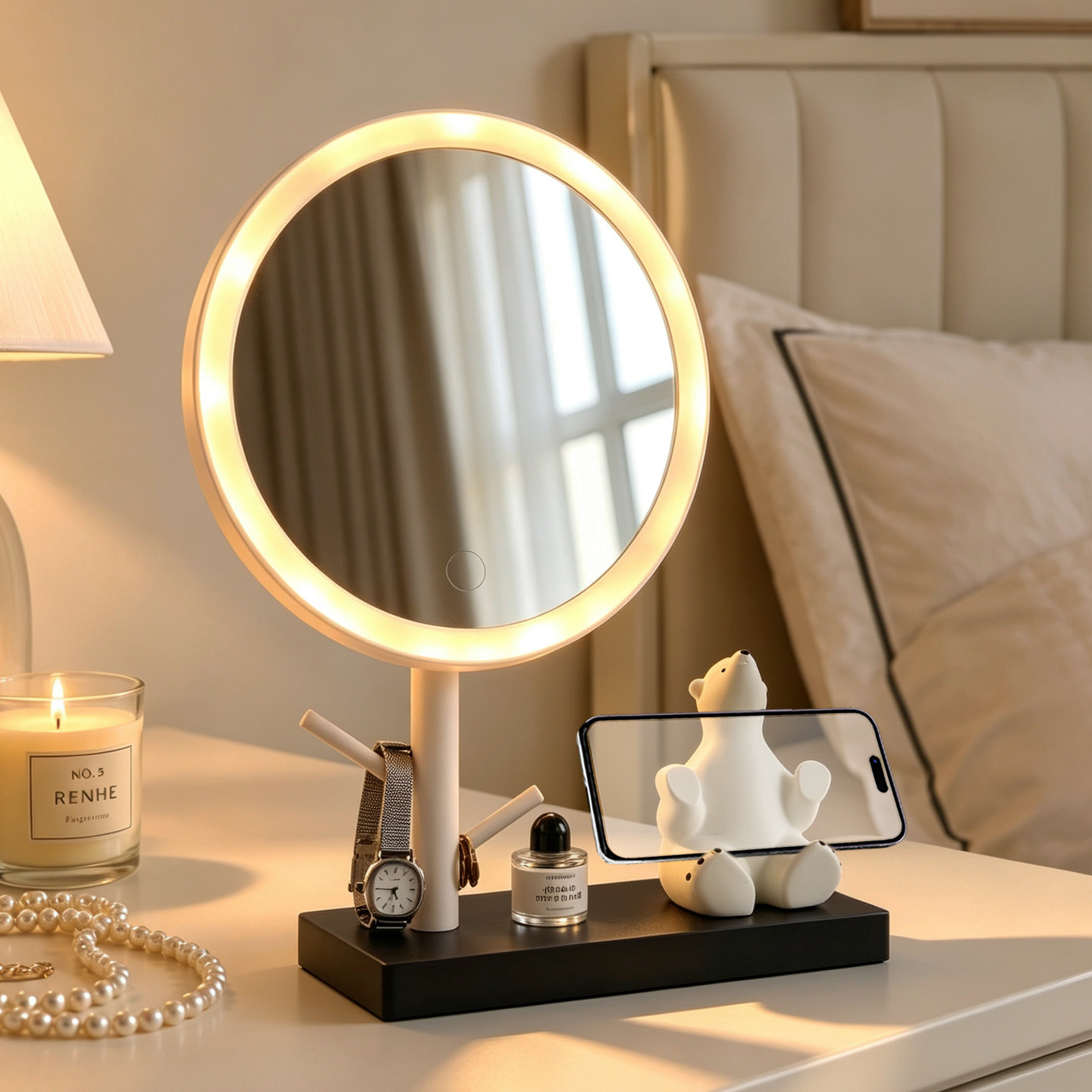 LED Makeup Mirror with Phone Holder and Jewelry Holder