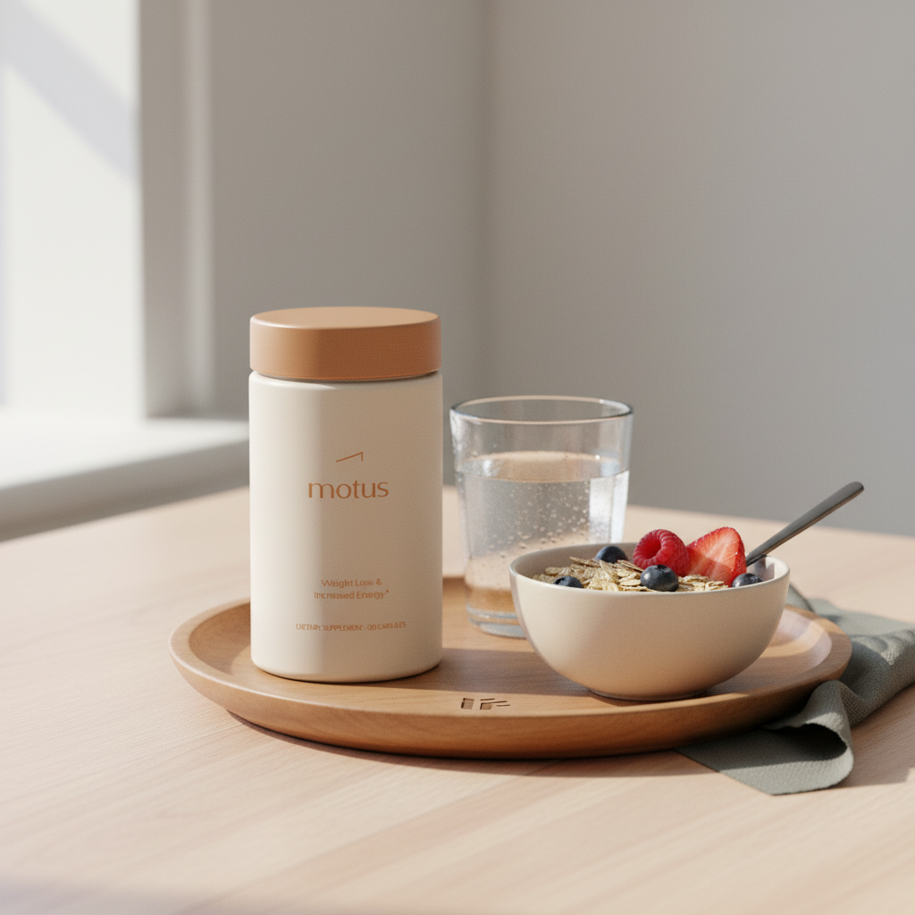 Minimalist still-life of the Motus supplement jar on a wooden tray with a glass of water and bowl of berries and oats in Tonum palette — best fiber for weight loss