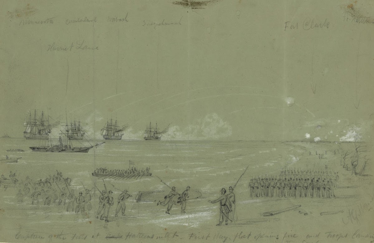 Capture of the Forts at Cape Hatteras inlet First day fleet opening fire and tro