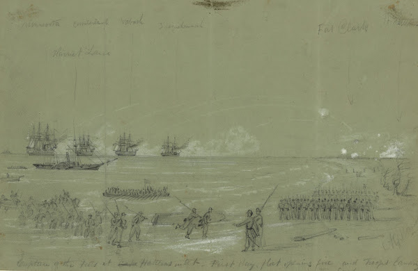 Capture of the Forts at Cape Hatteras inlet First day fleet opening fire and tro