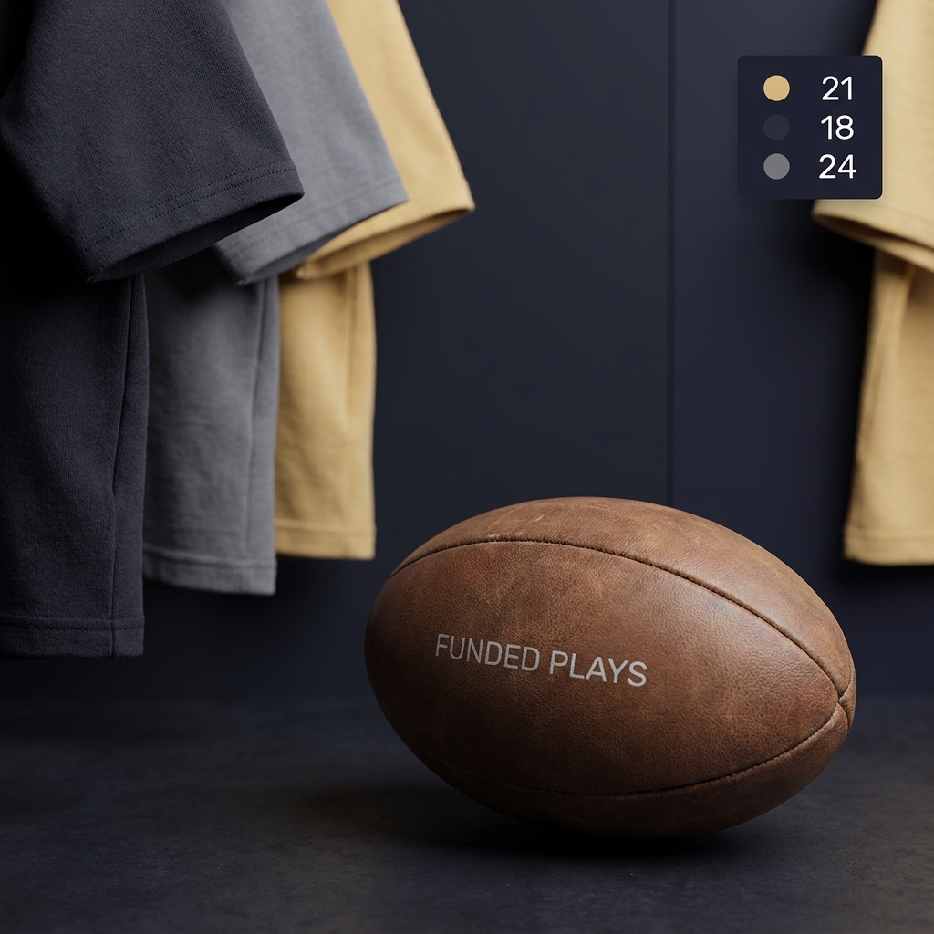 Close up of rugby match ball with team jerseys and a small scoreboard graphic showing recent winners minimal Funded Plays style for six nations odds preview on dark background