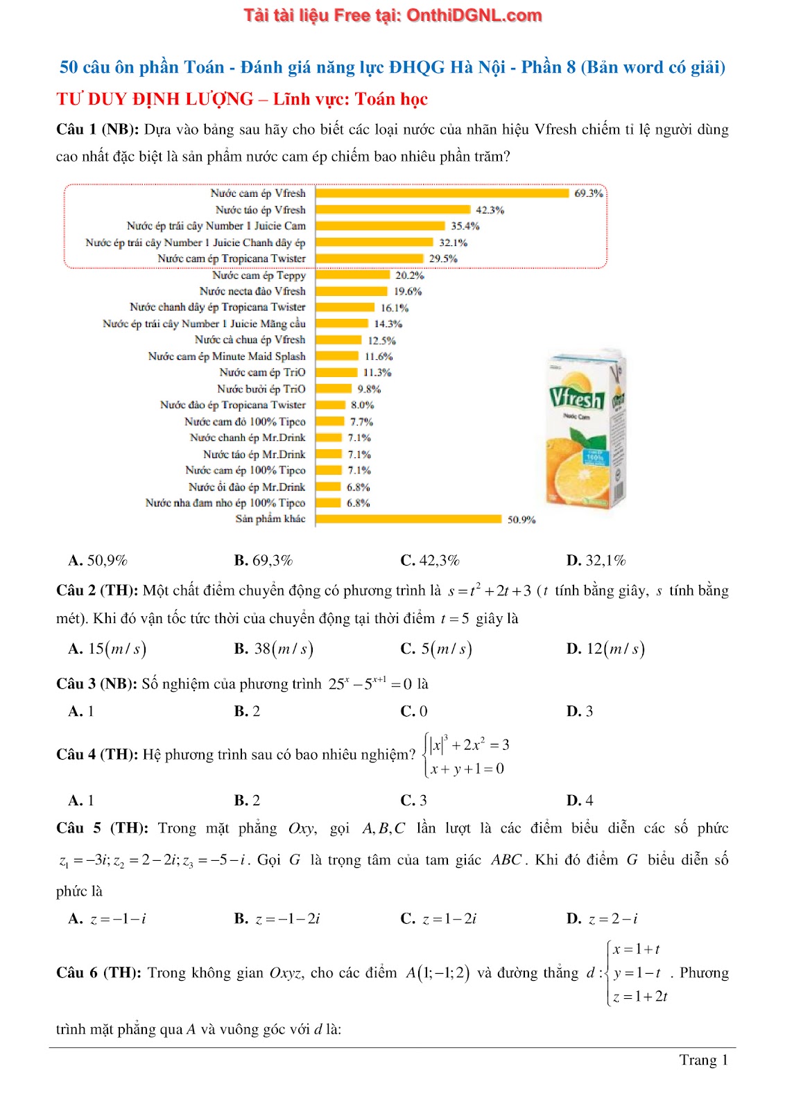 1300 bài tập môn Toán - Ôn thi ĐGNL ĐHQG Hà Nội Phần 8