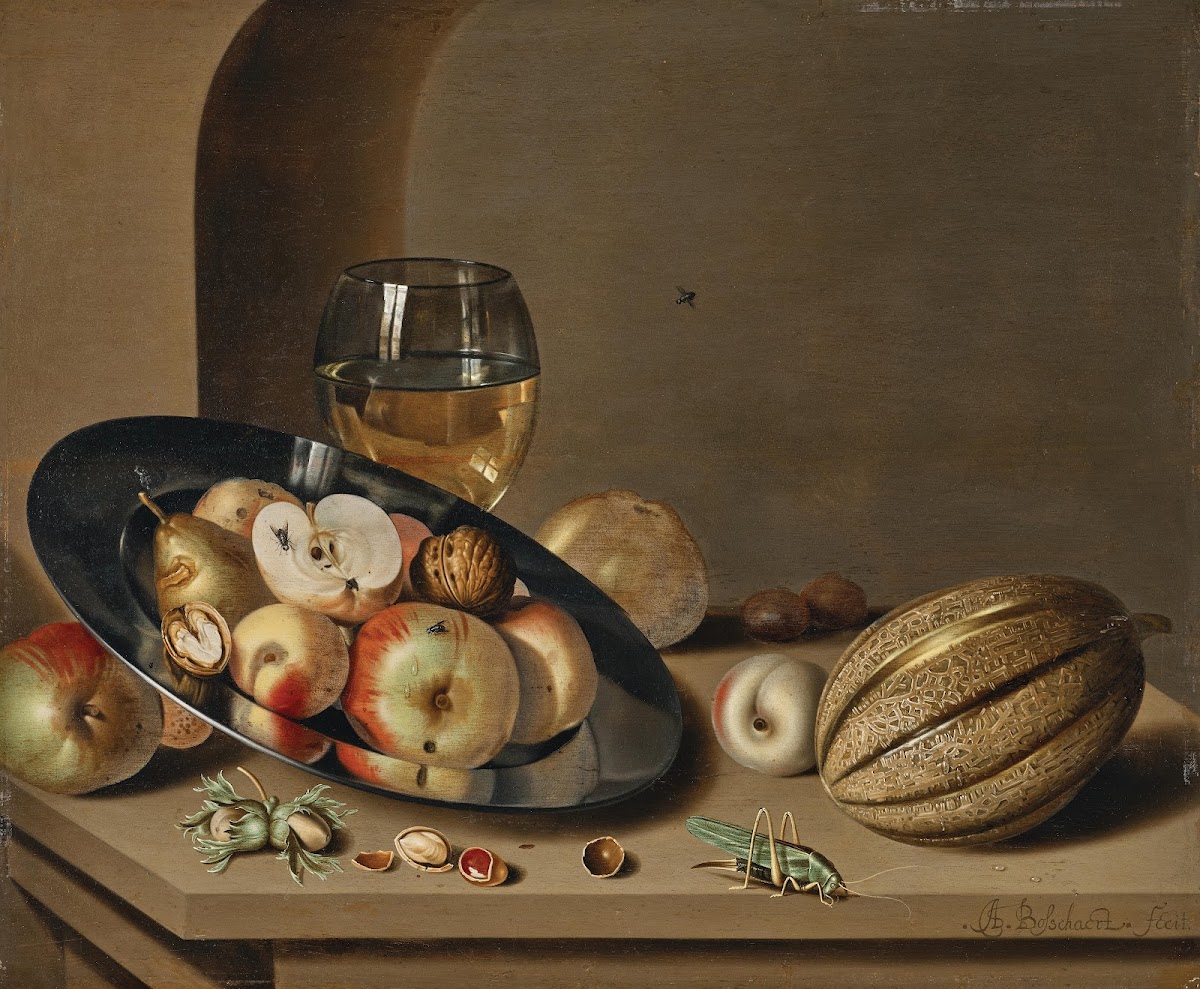 Apples pears peaches and walnuts on a pewter plate with fruit a roemer a melon c