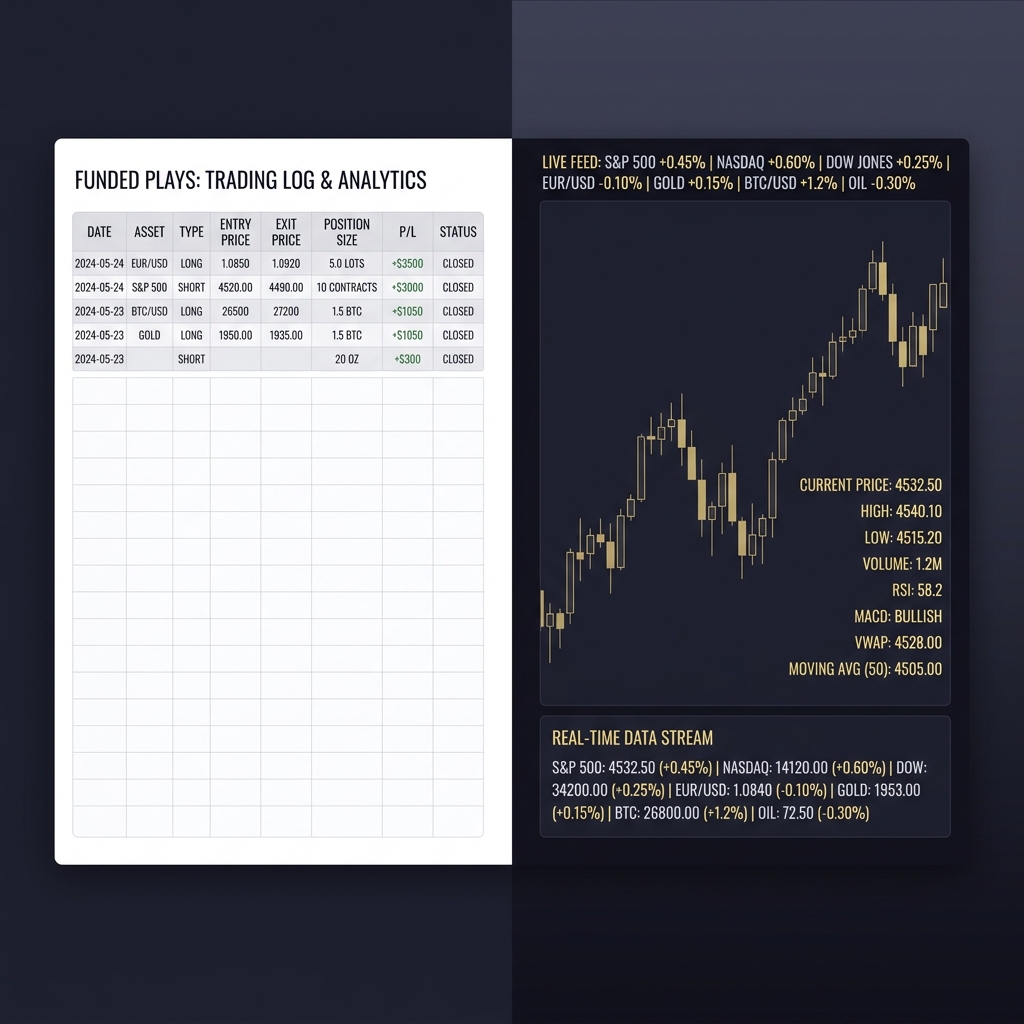 Split screen with tidy spreadsheet left and live market feed right illustrating Why Historical Profit Does Not Guarantee Future Results using Funded Plays brand colors