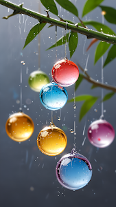Colorful Glass Orbs Hanging from Rain-Slicked Branch