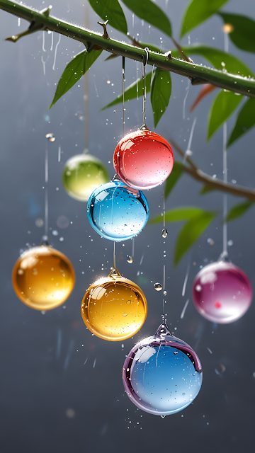 Colorful Glass Orbs Hanging from Rain-Slicked Branch - Free mobile Wallpaper
