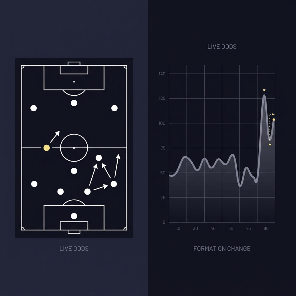 Minimalist 2D vector split screen showing a tactical formation change on the left and a sharp live odds chart spike on the right illustrating How Red Cards Change Live Odds