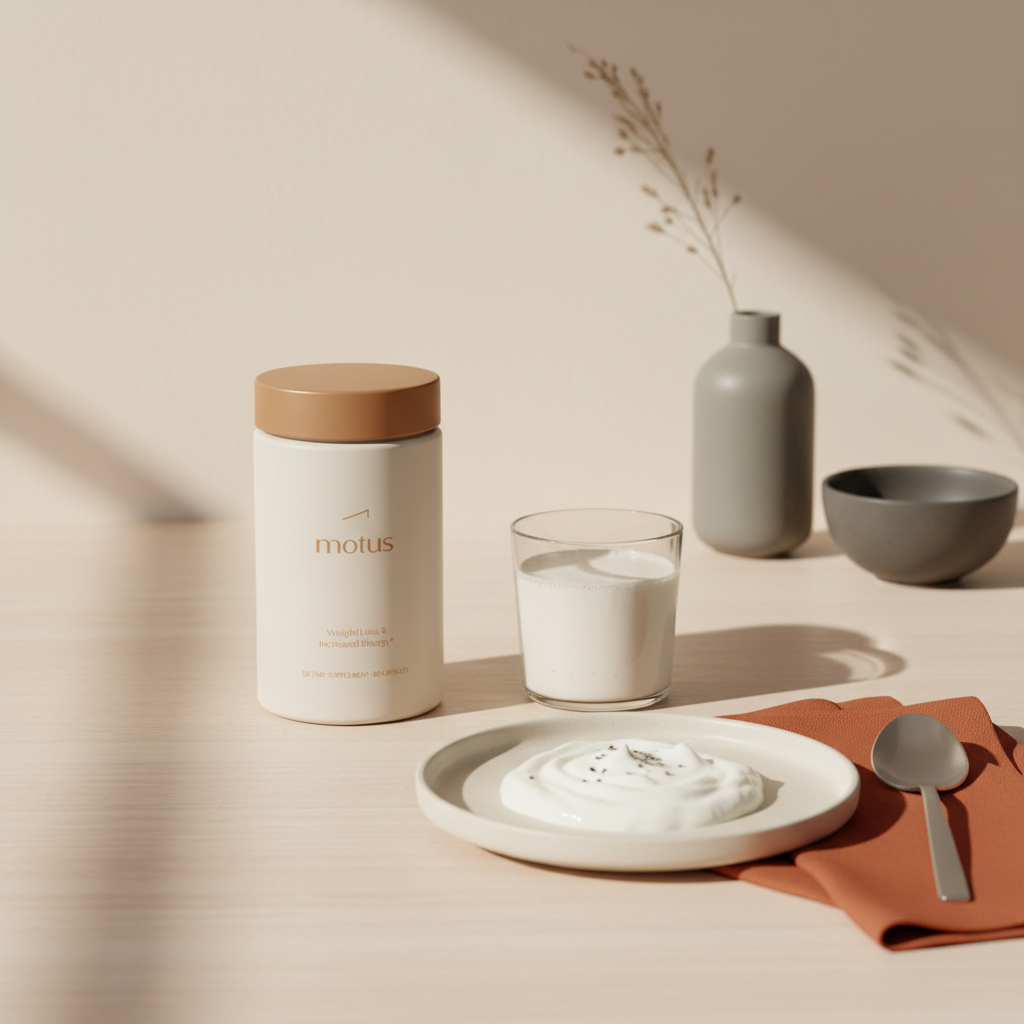 Minimalist kitchen counter with Motus supplement jar beside a clear glass casein shake and a small dairy snack, promoting night-time fat burners for sustainable weight loss
