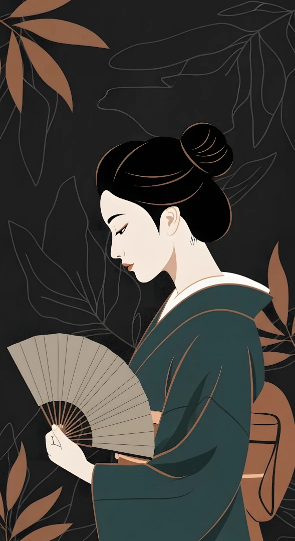 Elegant Japanese Geisha Illustration with Fan and Leaves